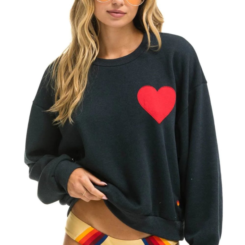 Aviator Nation Heart Stitch Relaxed Crew Sweatshirt Charcoal Large